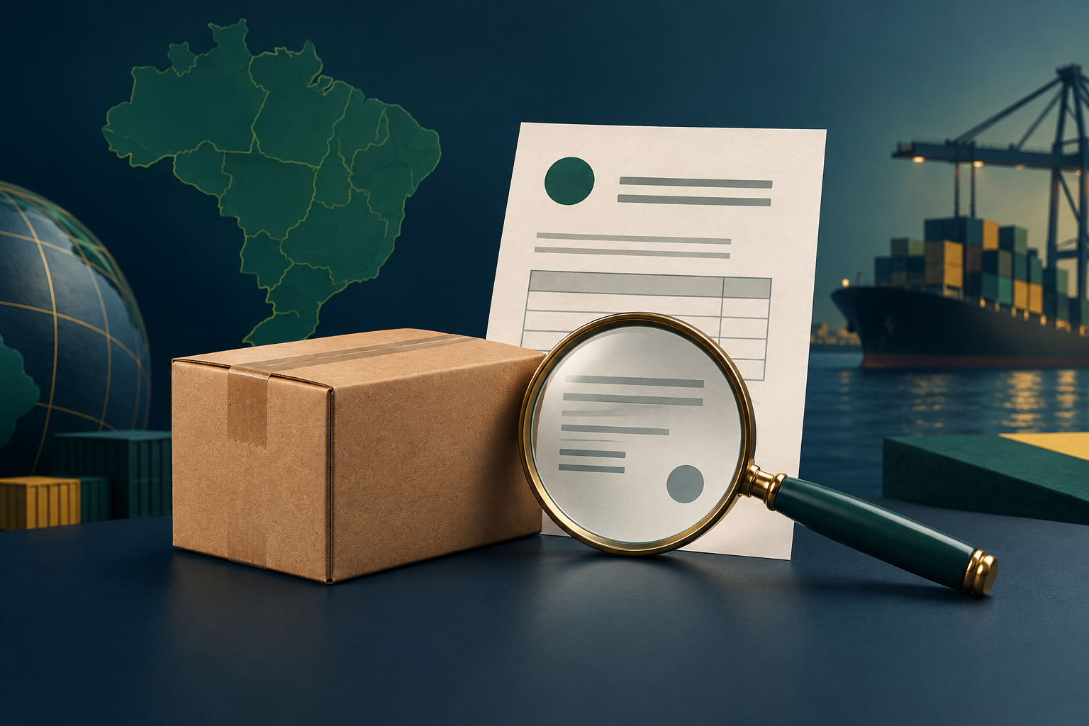 Illustration of an ecommerce parcel, paperwork and a magnifying glass with green and yellow accents