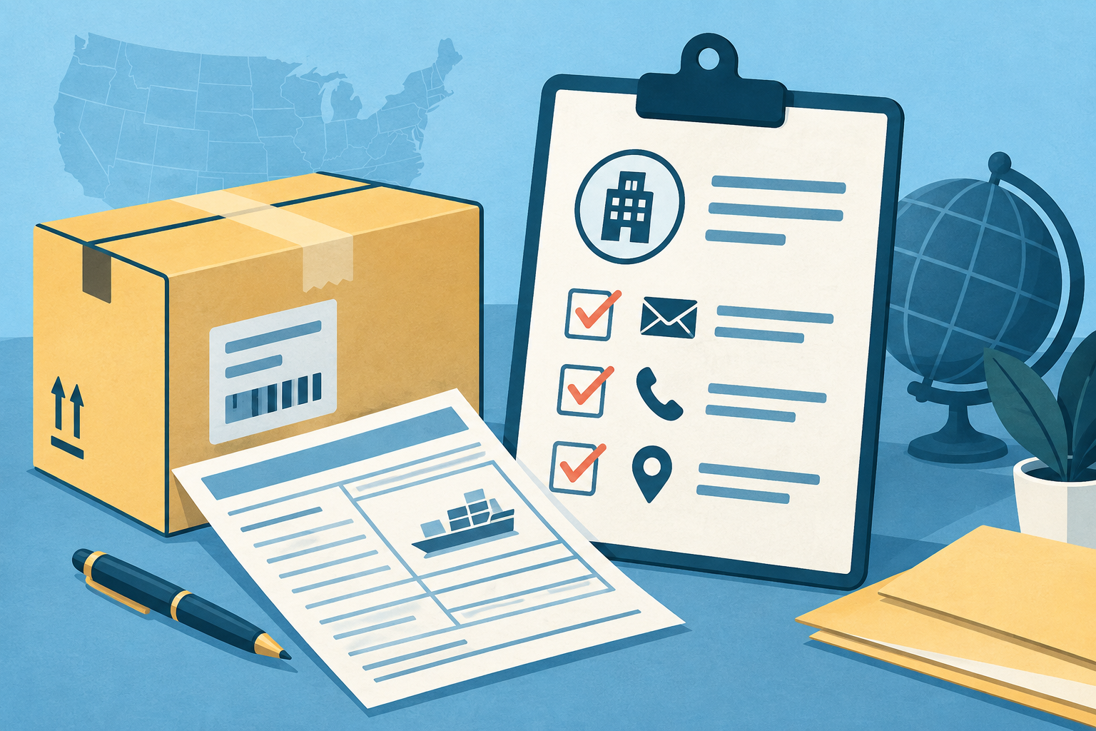 Illustration of a parcel beside an importer contact-record checklist